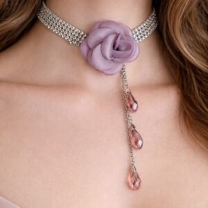 Rose Choker Necklace Purple Rose Rhinestone Bridal Jewelry